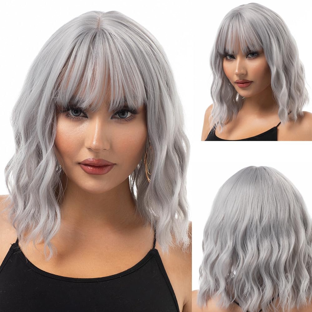 12inch short Wavy with bangs synthetic for woman High Temperature Fiber Machine Made for hair loss (Gray)