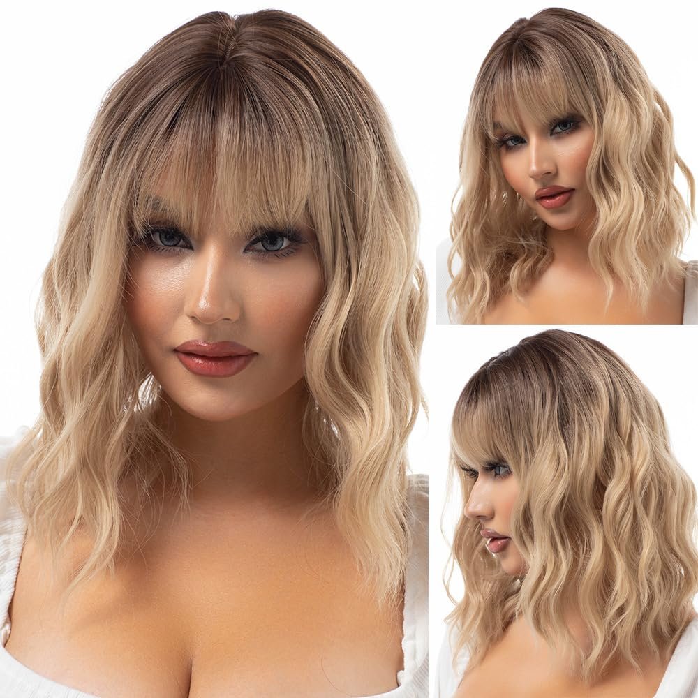 12inch short Wavy with bangs synthetic for woman High Temperature Fiber Machine Made for hair loss (Blonde)