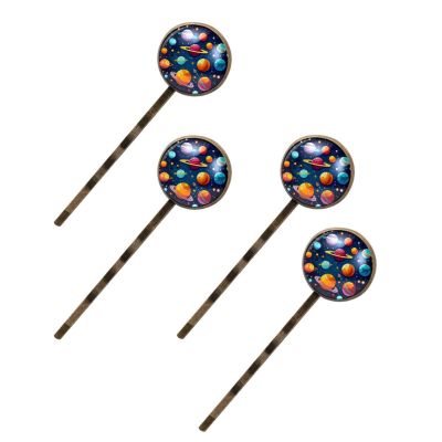 4 PCS Womens Hair Barrettes, Cute Planets Solar System Space with Stars Pattern Long Bobby Hair Pins for Girls, Stainless Steel Hair Clips Headwear Styling Tools Hair Accessories