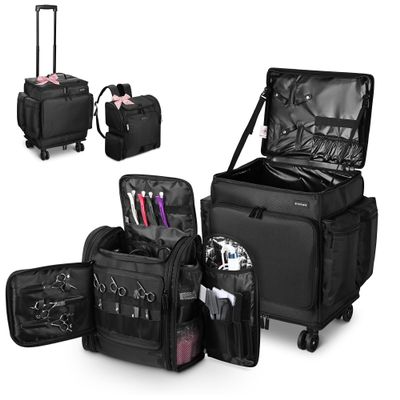 BYOOTIQUE 2in1 Soft Sided Rolling Makeup Train Case Travel Backpack For Hair Stylist Tools Curling Iron Straightener Salon Barber Shop, Black