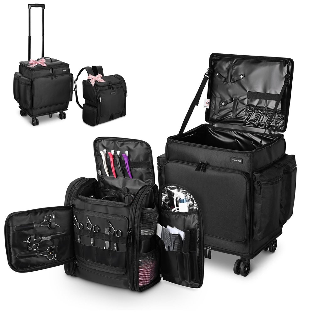 BYOOTIQUE 2in1 Soft Sided Rolling Makeup Train Case Travel Backpack For Hair Stylist Tools Curling Iron Straightener Salon Barber Shop, Black
