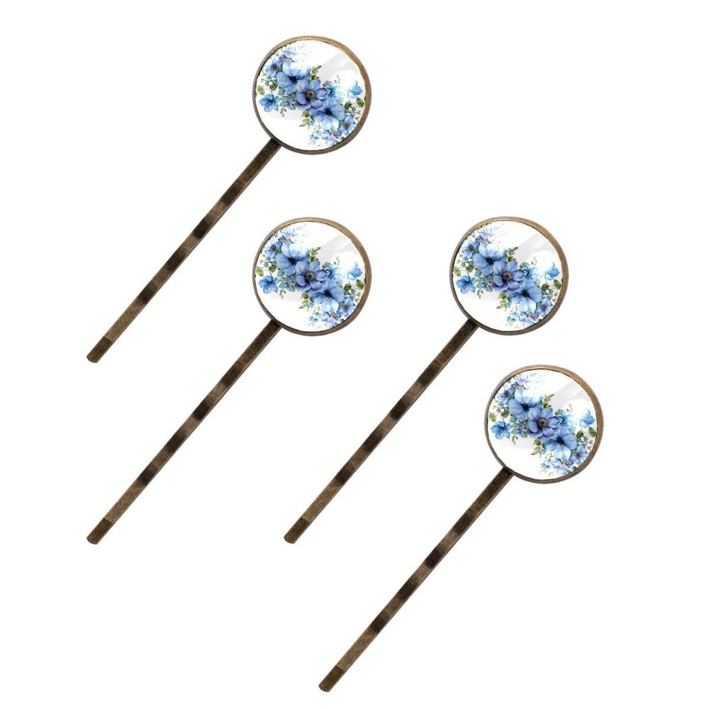 4 PCS Womens Hair Barrettes, Blue Flowers Leaves Herbs Long Bobby Hair Pins for Girls, Stainless Steel Hair Clips Headwear Styling Tools Hair Accessories