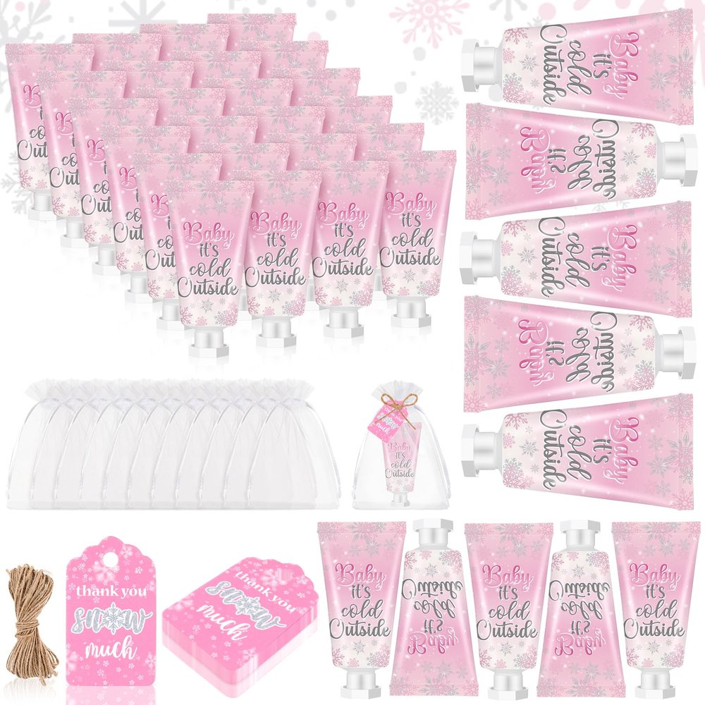 Dansib 48 Sets Winter Baby Shower Hand Cream Gift Party Favors for Guests Gift Bulk Mini Travel Size Hand Lotion Set for Guests(Cold Outside)