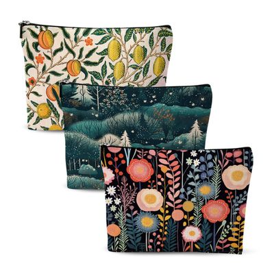 3Pcs Classic Forest Flower Fruit Makeup Bag Cosmetic Bags for Women, Abstract Botanical Travel Toiletry Bag, Thank You Anniversary Birthday Friendship Gifts for Women Girls Mom Friends Teacher