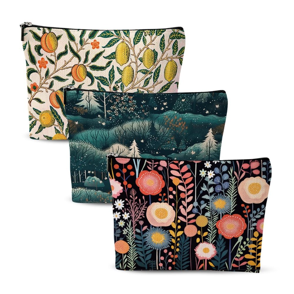 3Pcs Classic Forest Flower Fruit Makeup Bag Cosmetic Bags for Women, Abstract Botanical Travel Toiletry Bag, Thank You Anniversary Birthday Friendship Gifts for Women Girls Mom Friends Teacher
