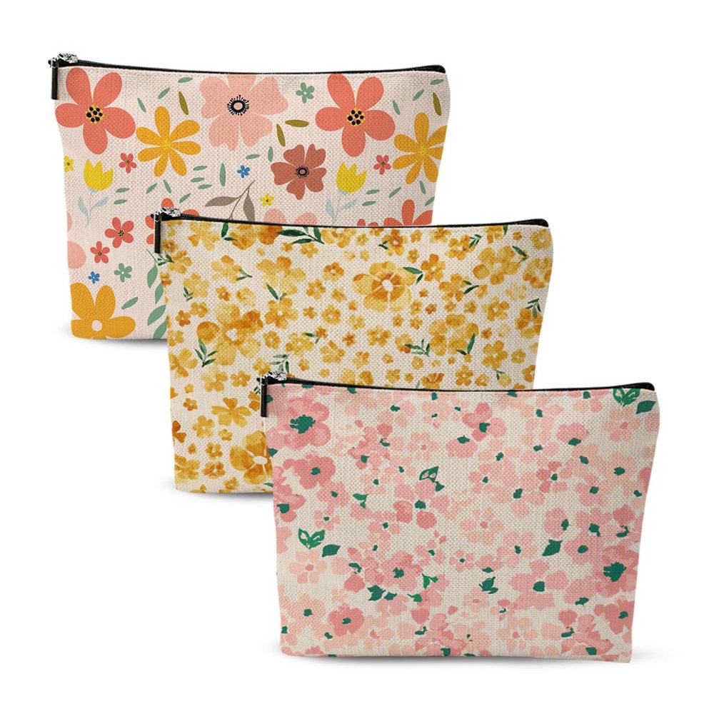 3pcs Colorful Flower Makeup Bag, Retro Botanical Flower Cosmetic Bag, Christmas Wedding Anniversary Birthday Friendship Gifts for Women Girls Best Friends Sister Bestie Grandma Travel Toiletry Bag