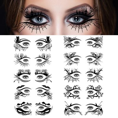 10 Pairs Halloween Eye Shadow Temporary Tattoos Eyeliner Tattoo Stickers Spider Web Bat Pattern Eyeliner Fake Tattoos for Women Men Face Eye Makeup Halloween Decals Party Supplies