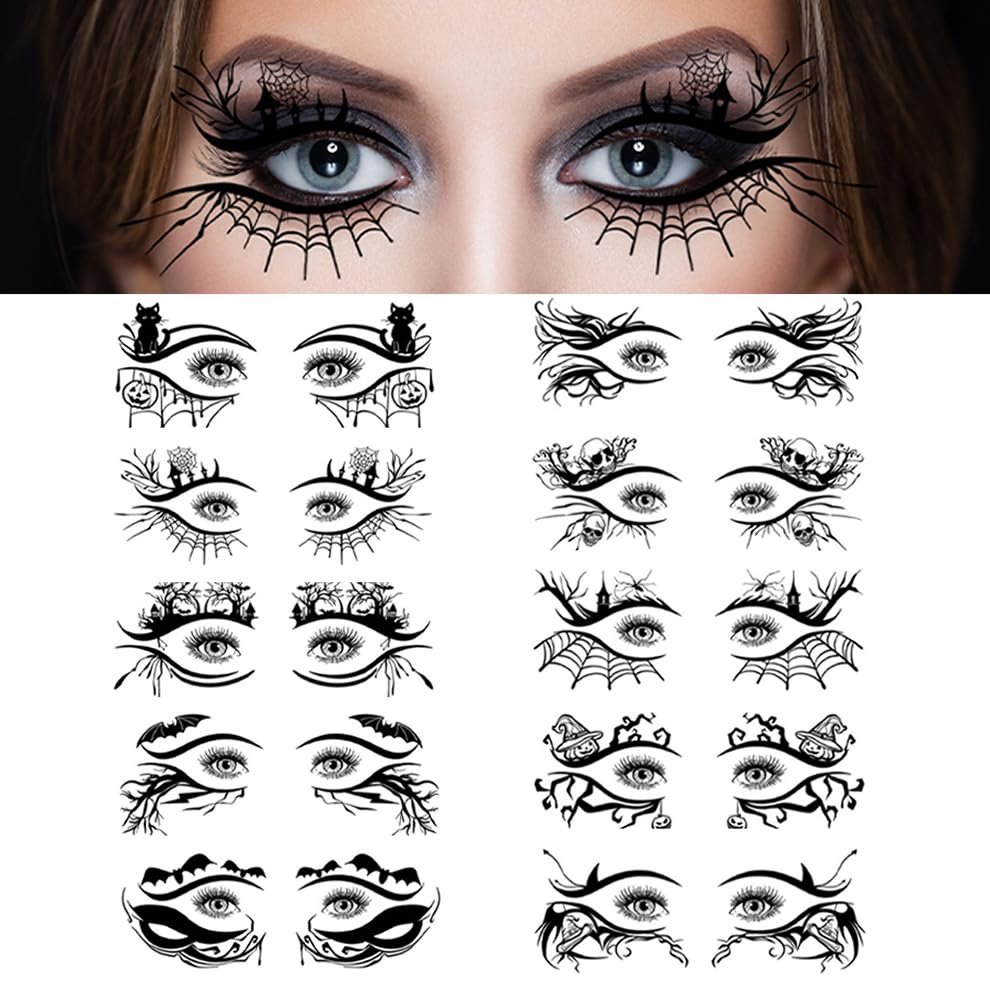 10 Pairs Halloween Eye Shadow Temporary Tattoos Eyeliner Tattoo Stickers Spider Web Bat Pattern Eyeliner Fake Tattoos for Women Men Face Eye Makeup Halloween Decals Party Supplies