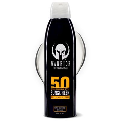 Warrior Sunscreen SPF 50 Continuous Spray - Water & Sweat Resistant Sunscreen Spray - Broad Spectrum Protection for UVA/UVB - Quick Dry Effective Formula, Field Tested 6 Oz