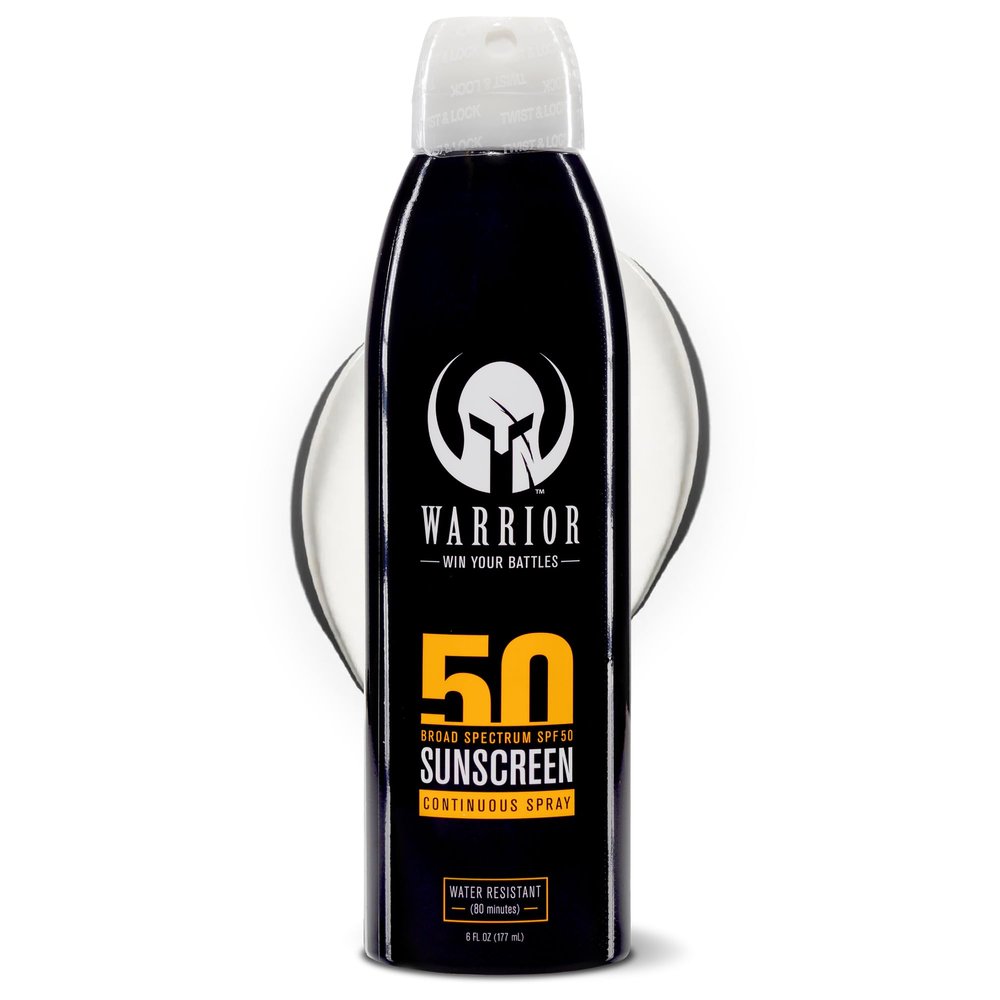 Warrior Sunscreen SPF 50 Continuous Spray - Water & Sweat Resistant Sunscreen Spray - Broad Spectrum Protection for UVA/UVB - Quick Dry Effective Formula, Field Tested 6 Oz