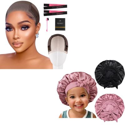 2pcs Black & Rosegold Kids Satin Bonnet with Brown Wig Grip Cap
