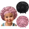 2pcs Black & Rosegold Kids Satin Bonnet with Brown Wig Grip Cap view 2
