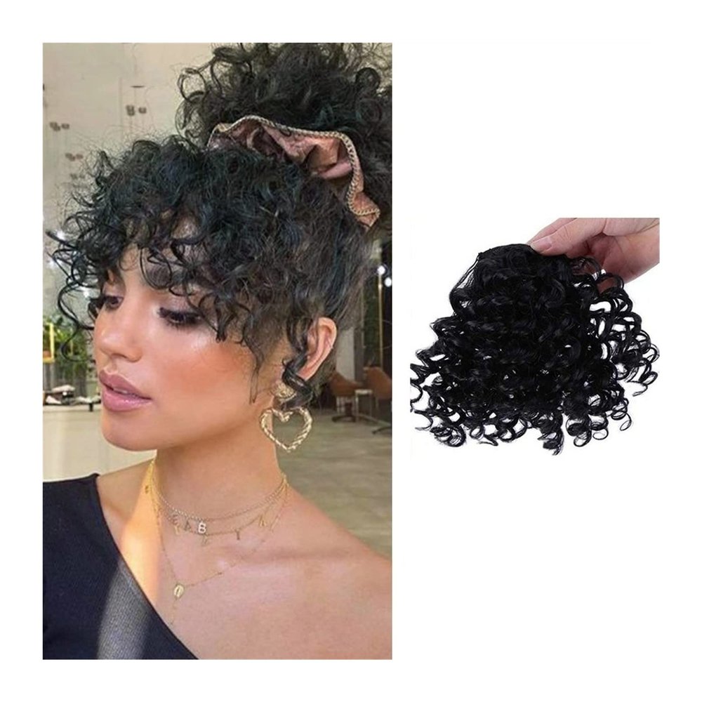 Bangs Hair Clip in Bangs Synthetic Fringe Curly Bangs Clips in Hairpieces Short Afro Curly Bangs Heat Resistant Soft Thick Front Fringe Hair Pieces Hair Extensions for Women Bangs Hair Clip(A)