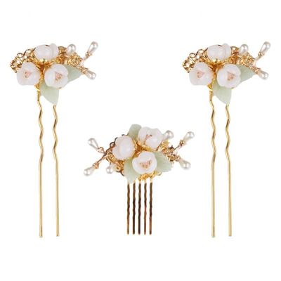 3pcs Chinese hairpin white peach blossom pearl handmade hairpin Chinese girls hanbok accessories summer simple cheongsam horse dress hair accessories