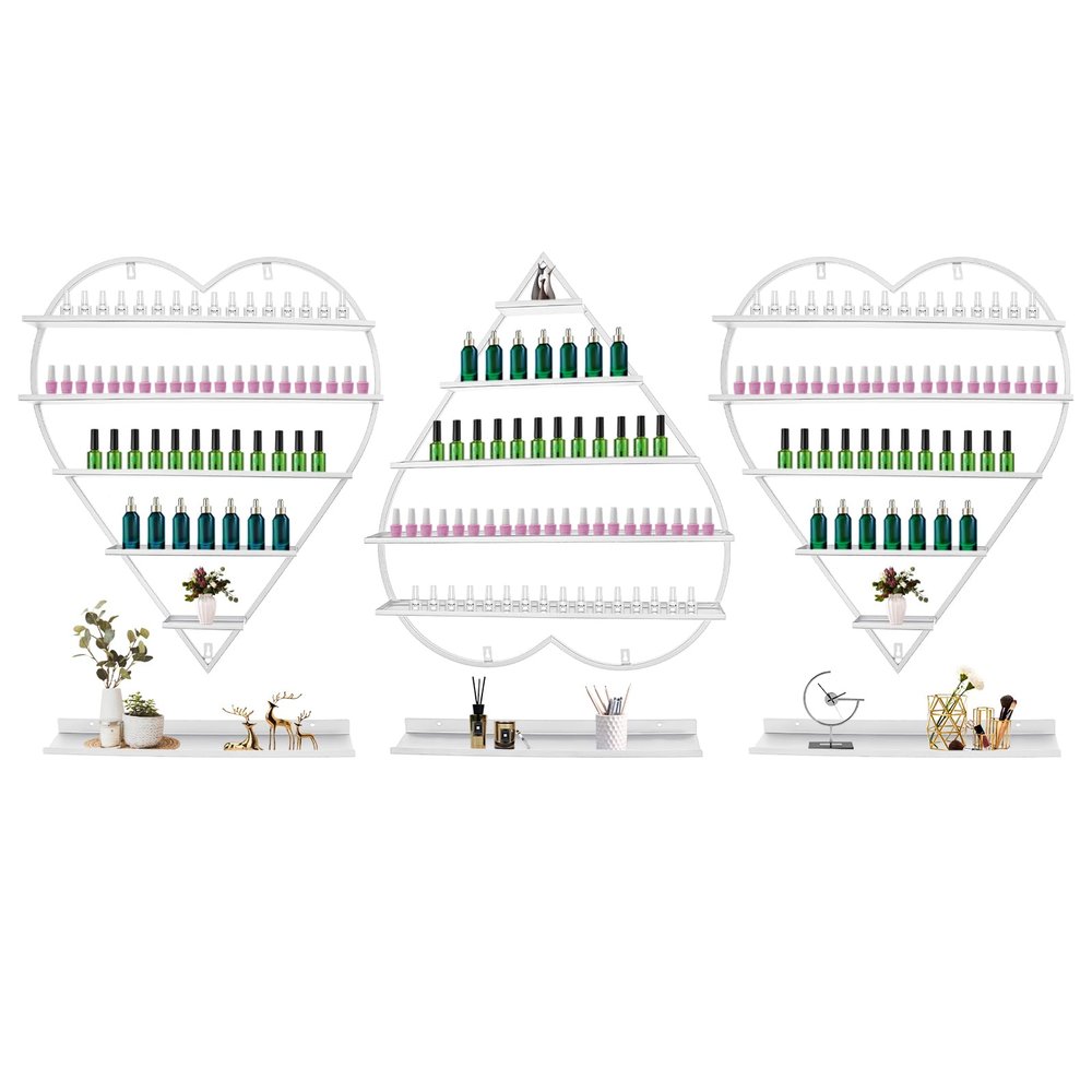 6PCS Metal Wall-mounted Nail Polish Storage Racks, 5 Tiers Heart-shaped Cosmetic Display Racks, Essential Oil Bottles Organizer, Cosmetic Display Case Lipstick Perfume Wall Shelf for Nail Shop (White)