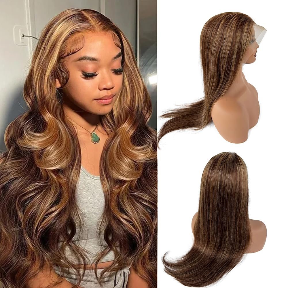SOSEXY Ombre Lace Front Wig Human Hair Pre Plucked 4T4/27 HD Lace Highlight Wig Human Hair 180% Density Medium Brown 13x4 Lace Frontal Human Hair Wigs Glueless Colored Wigs Human Hair 24 Inch