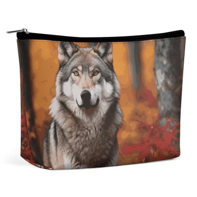 Dwrepo Makeup Bag Large Capacity Travel Makeup Bag PU Leather Cosmetic Bag for Women Autumn Animals Wolf Toiletry Bag Portable Zipper Makeup Organizer, white