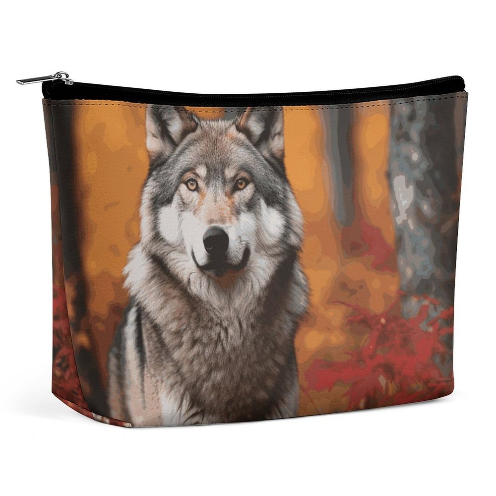 Dwrepo Makeup Bag Large Capacity Travel Makeup Bag PU Leather Cosmetic Bag for Women Autumn Animals Wolf Toiletry Bag Portable Zipper Makeup Organizer, white