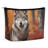 Dwrepo Makeup Bag Large Capacity Travel Makeup Bag PU Leather Cosmetic Bag for Women Autumn Animals Wolf Toiletry Bag Portable Zipper Makeup Organizer, white view 1