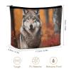 Dwrepo Makeup Bag Large Capacity Travel Makeup Bag PU Leather Cosmetic Bag for Women Autumn Animals Wolf Toiletry Bag Portable Zipper Makeup Organizer, white view 2