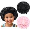 2pcs Black & Pink Kids Satin Bonnet with Light Brown Wig Grip Cap view 2