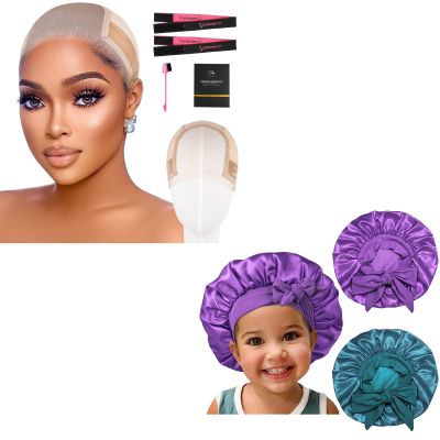2pcs Purple& Teal Kids Satin Bonnet with Light Brown Wig Grip Cap