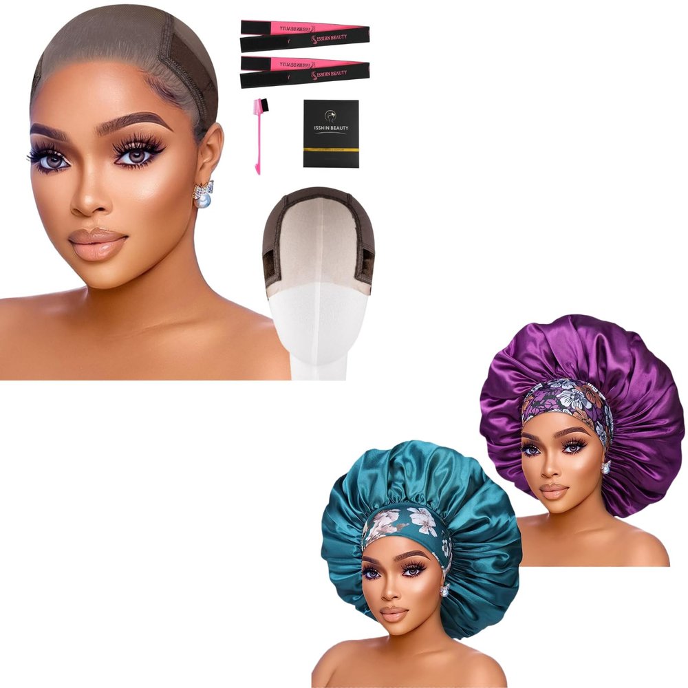 2pcs Extra Large Purple & Teal Satin Bonnet with Brwon Wig Grip Cap
