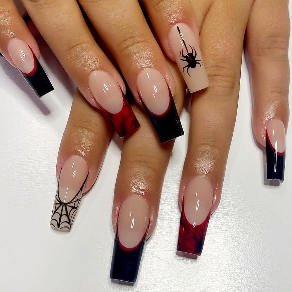 24Pcs Halloween Fake Nails Long Coffin Press on Nails Halloween Spider Glue on Nails Black French False Nails Spider Web Full Cover Acrylic Nails Glossy Halloween Nails stick on nails for Women Girl