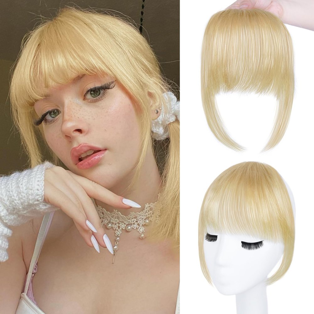 NAYOO Clip in Bangs - 100% Human Hair French Bangs Clip in Hair Extensions, Light Blonde French Bangs Fringe with Temples Hairpieces for Women Curved Bangs for Daily Wear