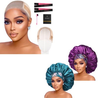 2pcs Extra Large Purple & Teal Satin Bonnet with Light Brown Wig Grip Cap