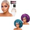 2pcs Extra Large Purple & Teal Satin Bonnet with Light Brown Wig Grip Cap view 1