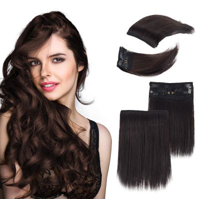 NICENEEDED 4Pcs Brown Black Clip in Hair Toppers, Real Human Synthetic Hairpieces for Women with Thinning Hair, Short Thick Hair Extensions Adding Extra Hair Volume for Daily Use Halloween