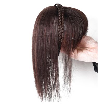 10inch Human Hair Straight with Headband Braids Natural with Bangs for Thinning Hair Woman (Dark Brown)