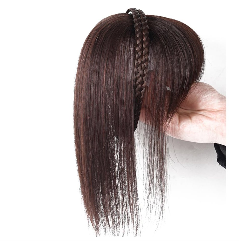 10inch Human Hair Straight with Headband Braids Natural with Bangs for Thinning Hair Woman (Dark Brown)