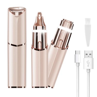 Facial Hair Removal Eyebrow Trimmer - Facial Shaver Device 2 in 1 Remover for Face Peach Fuzz Eyebrow Nose Ear Hair Chin Lips Armpit with LED Light Rechargeable for Women Men Travel Size (Gold)