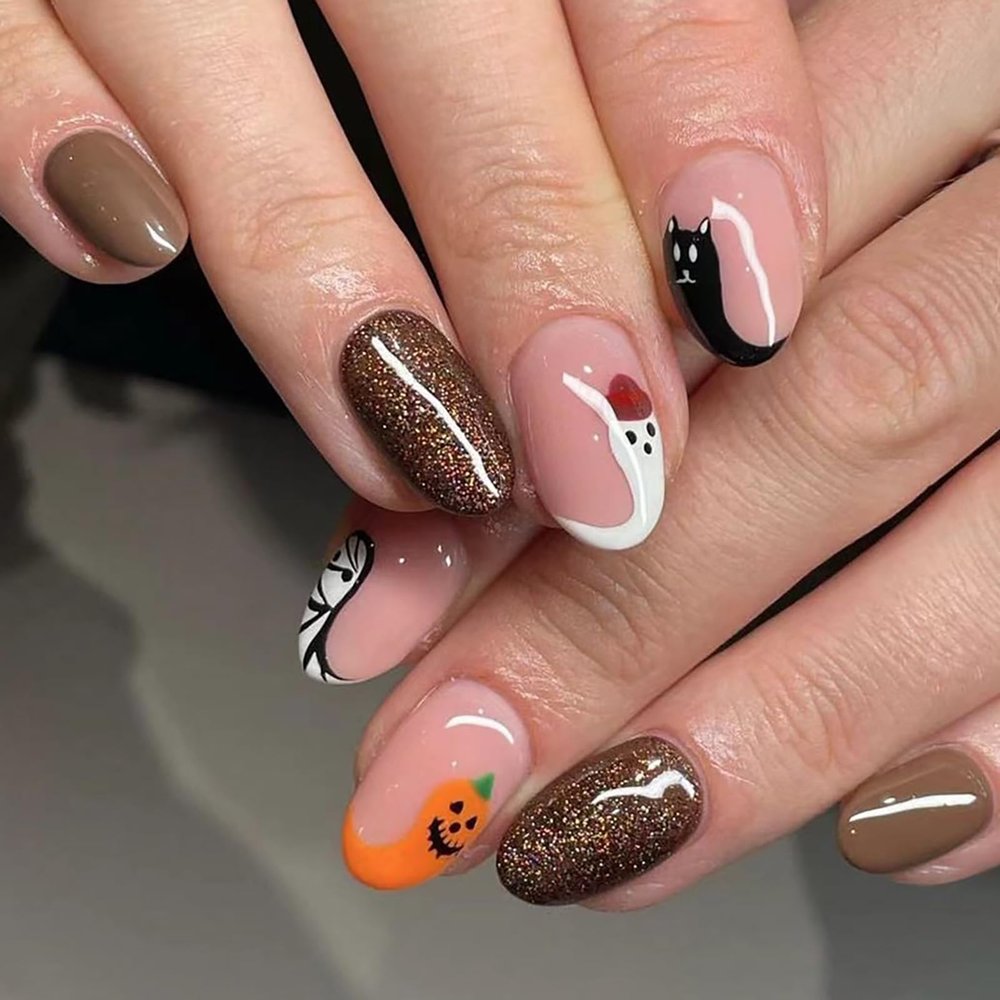 Halloween Press on Nails Short Almond Brown Fake Nails Ghost Mummy Cat Nail Tip False Nails with Designs Glitter Glossy Glue on Fall Acrylic Artificial Nail for Women Girls 24Pcs