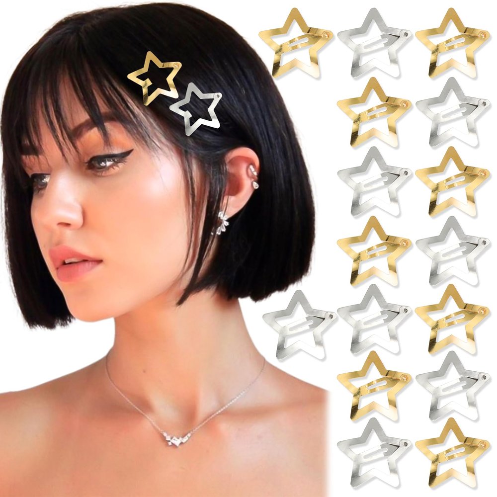 NAISKA Gold & Silver Star Hair Clips 20PCS - Non-Slip Metal Alloy Barrettes, 2000s Y2K Hair Accessories for Women and Girls