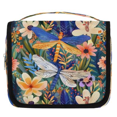 Gublec Hanging Travel Toiletry Bag Dragonfly Flower Toiletry Bags with Hanging Hook Portable Cosmetic Bag Makeup Organizer for Travel Business Trip