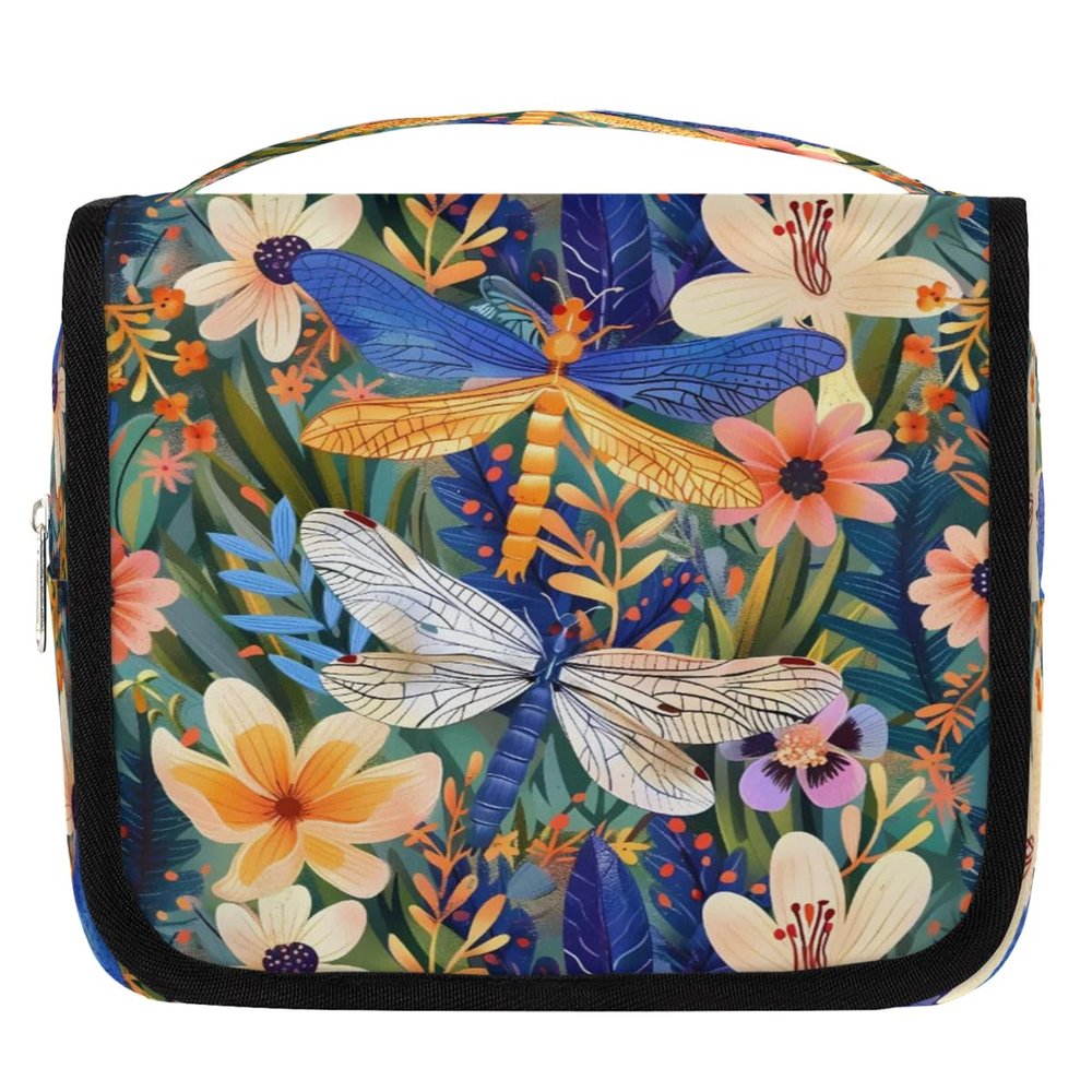 Gublec Hanging Travel Toiletry Bag Dragonfly Flower Toiletry Bags with Hanging Hook Portable Cosmetic Bag Makeup Organizer for Travel Business Trip