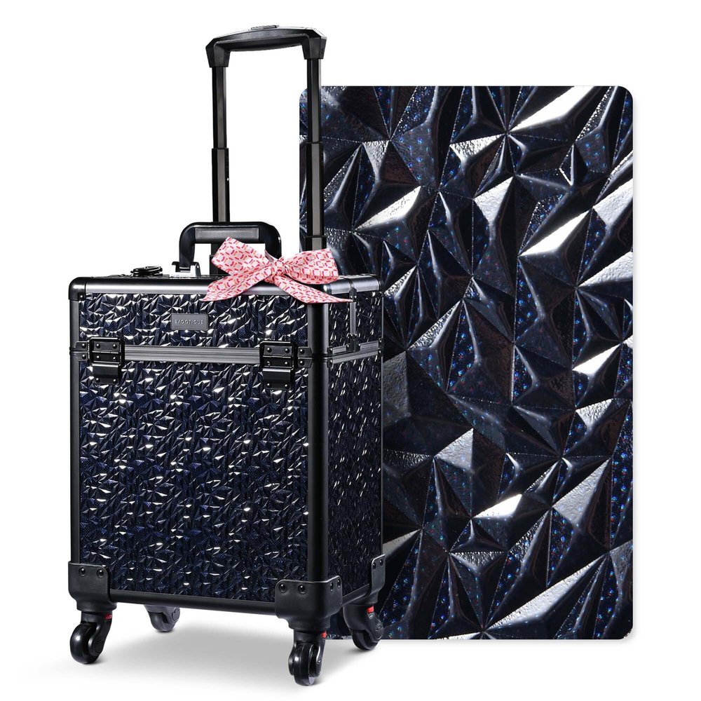 BYOOTIQUE Rolling Makeup Train Case on Wheels Large Cosmetic Travel Organizer Eyelash Storage Box for Nail Tech Beauty Salon Manicurist Barbershop,Mermaid Black