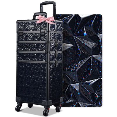 BYOOTIQUE 4in1 Rolling Makeup Train Case on Wheels Large Cosmetic Travel Organizer Eyelash Storage Box for Nail Tech Beauty Salon Manicurist Barbershop,Mermaid Black