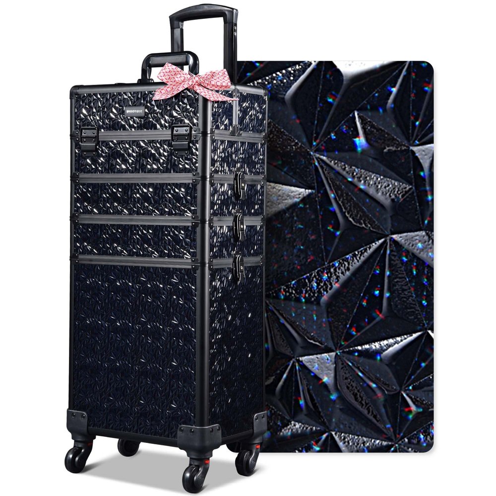 BYOOTIQUE 4in1 Rolling Makeup Train Case on Wheels Large Cosmetic Travel Organizer Eyelash Storage Box for Nail Tech Beauty Salon Manicurist Barbershop,Mermaid Black
