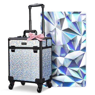 BYOOTIQUE Rolling Makeup Cart on Wheels False Eyelash Storage Nail Tech Carrying Organizer Box for Nail Artist Beauty Studio Barbershop Hairstylist,Mermaid Silver