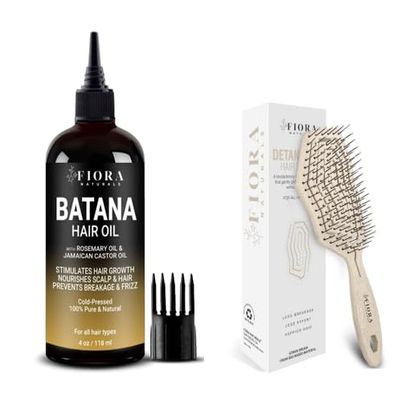 Batana Oil For Hair Growth with Rosemary Oil and Jamaican Black Castor Oil For Thickening and Deep Conditioning, Fiora Naturals Hair Detangling Brush -100% Bio-Friendly Brush w/Ultra-soft Bristles