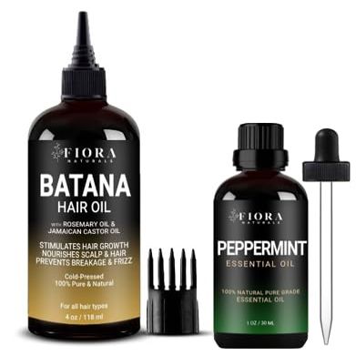 Batana Oil For Hair Growth w/Rosemary, Jamaican Black Castor, For Thickening and Deep Conditioning, Peppermint Essential Oil by Fiora Naturals - 100% Pure Peppermint for Hair Growth, Skin