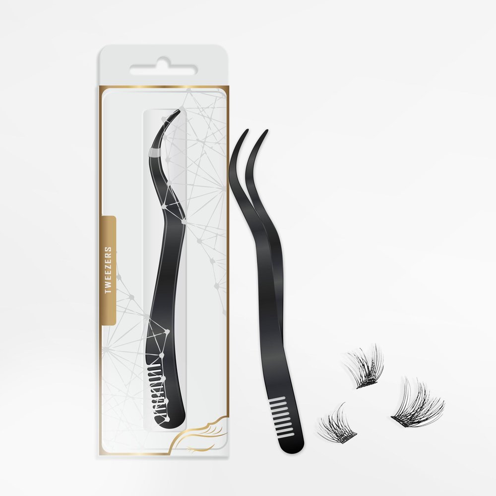 2 in 1 Lash Extension Tweezers with Comb, Stainless Steel Elbow Eyelash Extension Tweezers, Eyelash Tweezers for Lash Extensions, Precise Eyebrow Tweezers Tool for DIY False Eyelashes Clusters, Black