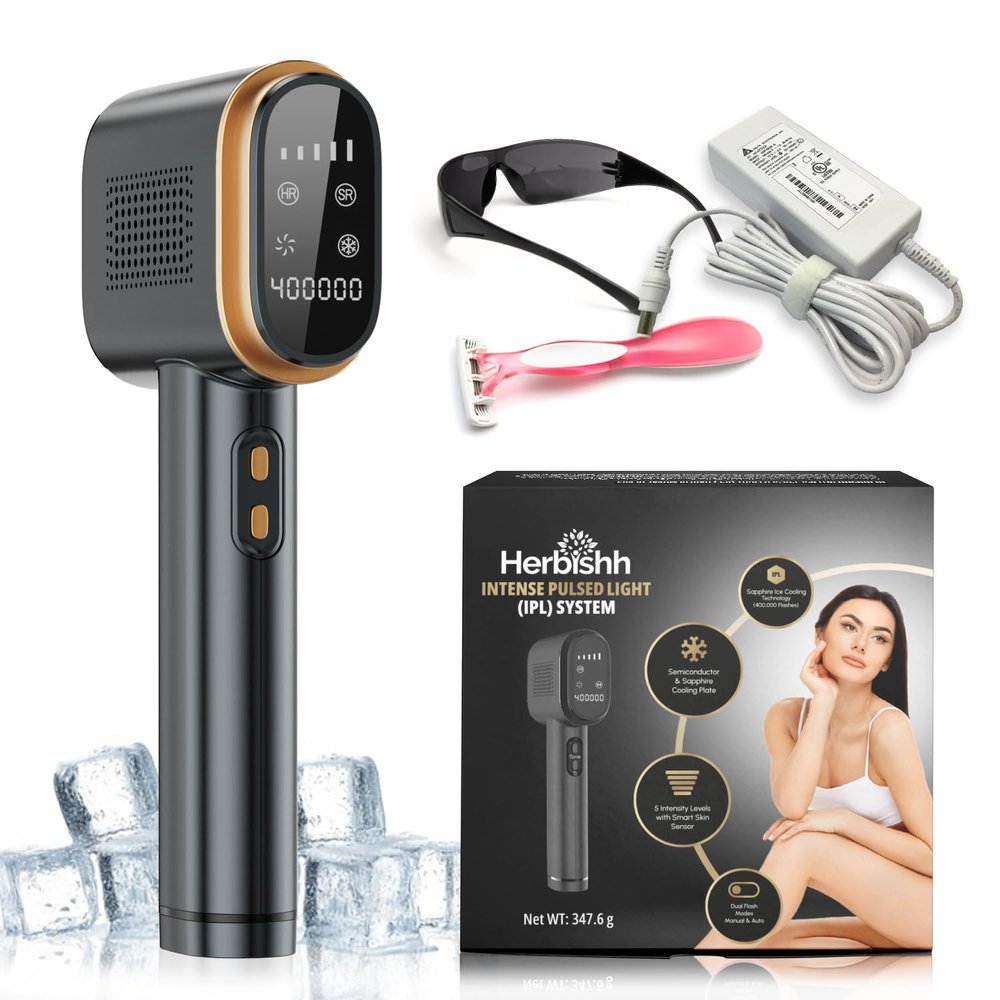 Herbishh IPL Laser Hair Removal Device, Painless Cooling Technology- 400,000 Flashes, Hair Removal Machine with 5 Intensity Levels, Skin Sensor & Dual Flash Modes- Manual & Auto, For Face & Body Black