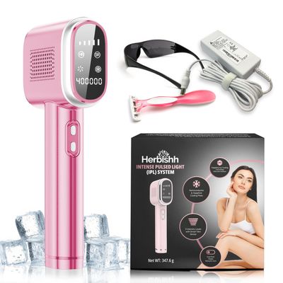 Herbishh IPL Laser Hair Removal Device, Painless Cooling Technology- 400,000 Flashes, Hair Removal Machine with 5 Intensity Levels, Skin Sensor & Dual Flash Modes- Manual & Auto, For Face & Body, Pink