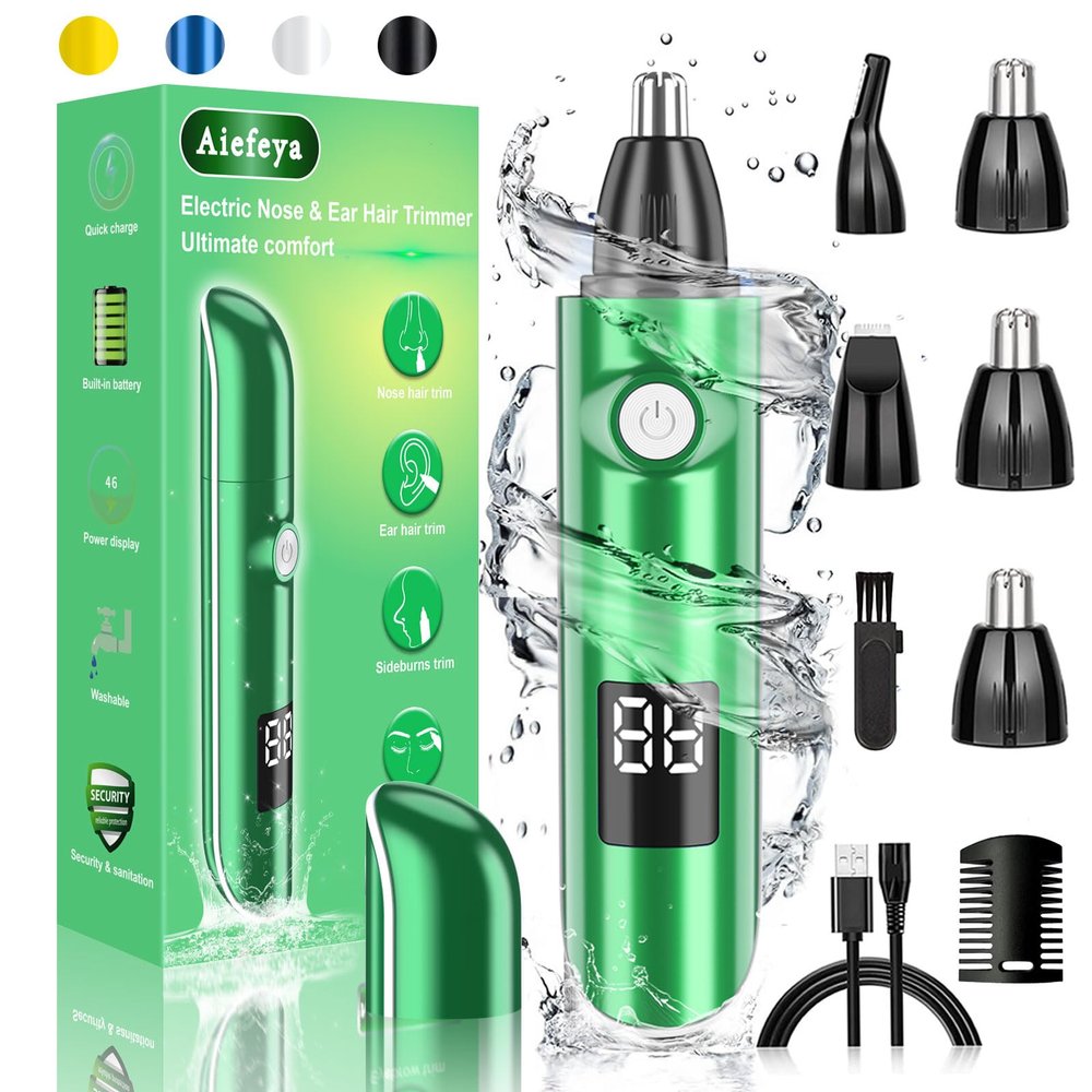 Aiefeya Nose & Facial Hair Trimmer - Painless Eyebrow & Nose Trimmer for Men & Women, IPX7 Waterproof, USB Rechargeable, Easy Cleaning, All-in-One (Green)
