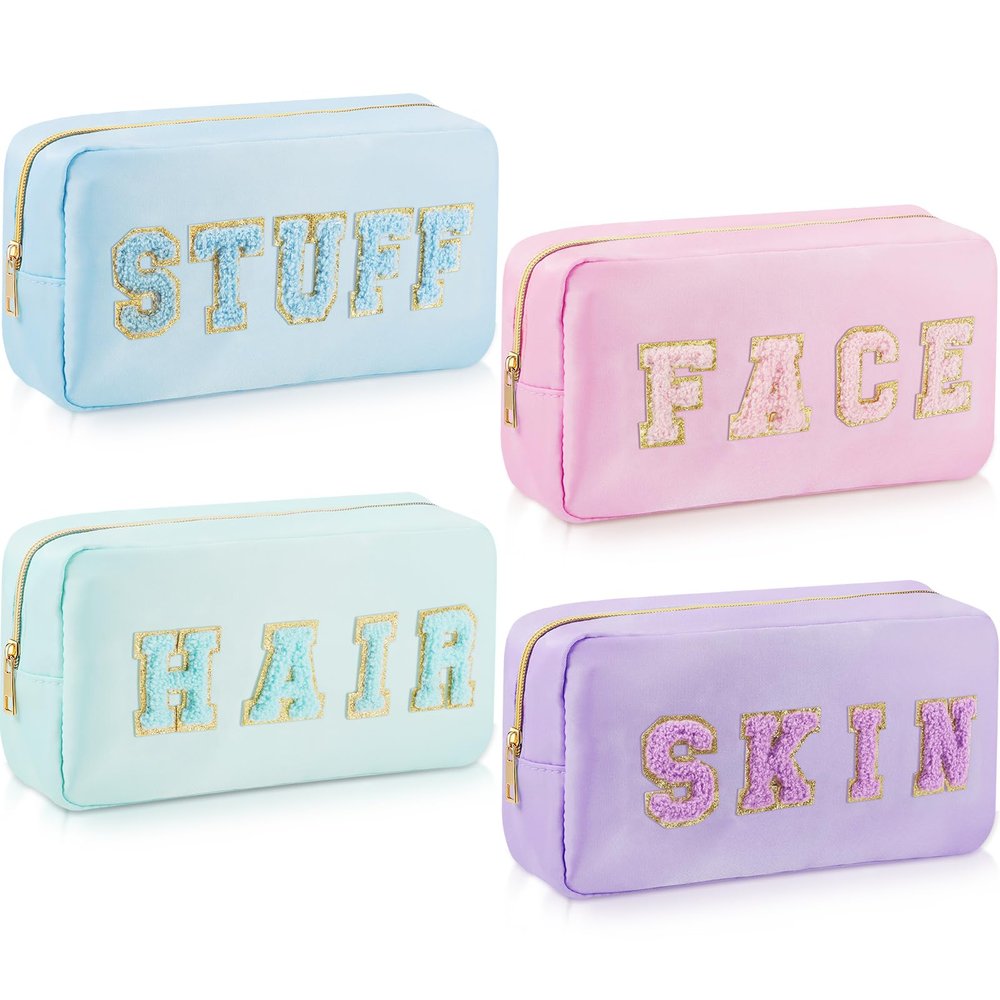 4 Pcs Travel Toiletry Bags for Women Preppy Makeup Bags Organizer Face Skin Hair Stuff Chenille Letter Pouch with Zipper Aesthetic Waterproof Skin care Hair Bag for Women Gifts